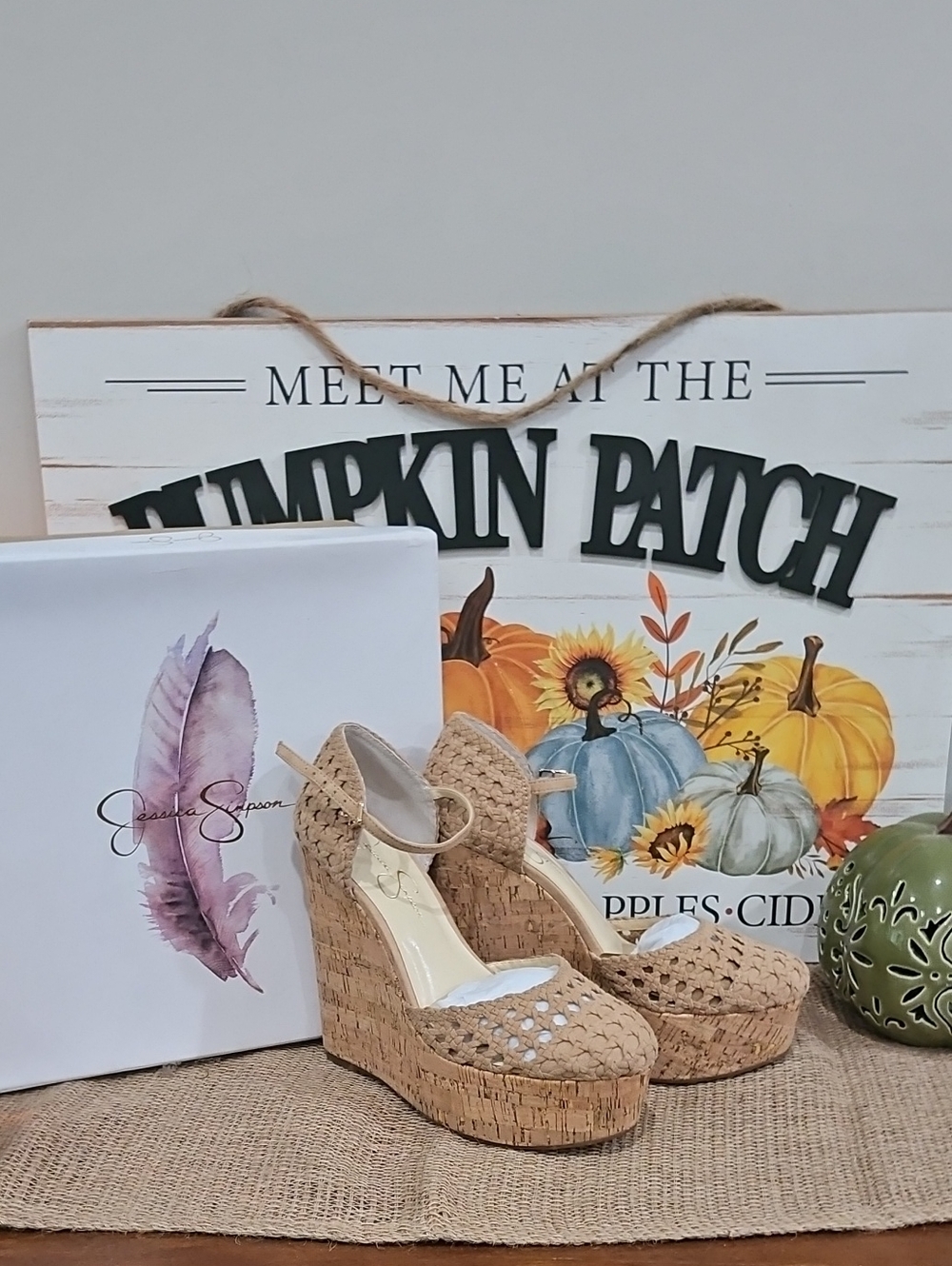 Jessica Simpson Tan Woven Cork Ankle-Strap Wedge Sandals Sz 9m NIB